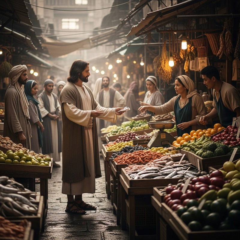 Jesus Bargaining in Vibrant Wet Market - Historical Scene Jesus Bargaining in Vibrant Wet Market - Historical Scene