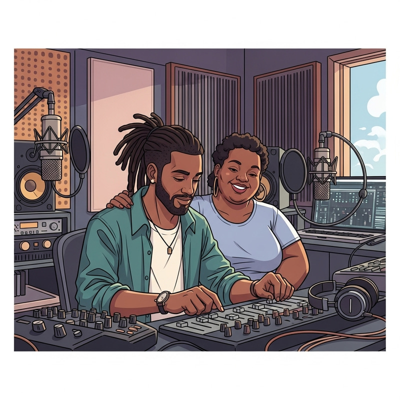 Dynamic Caribbean Man & Girlfriend in Music Recording Studio