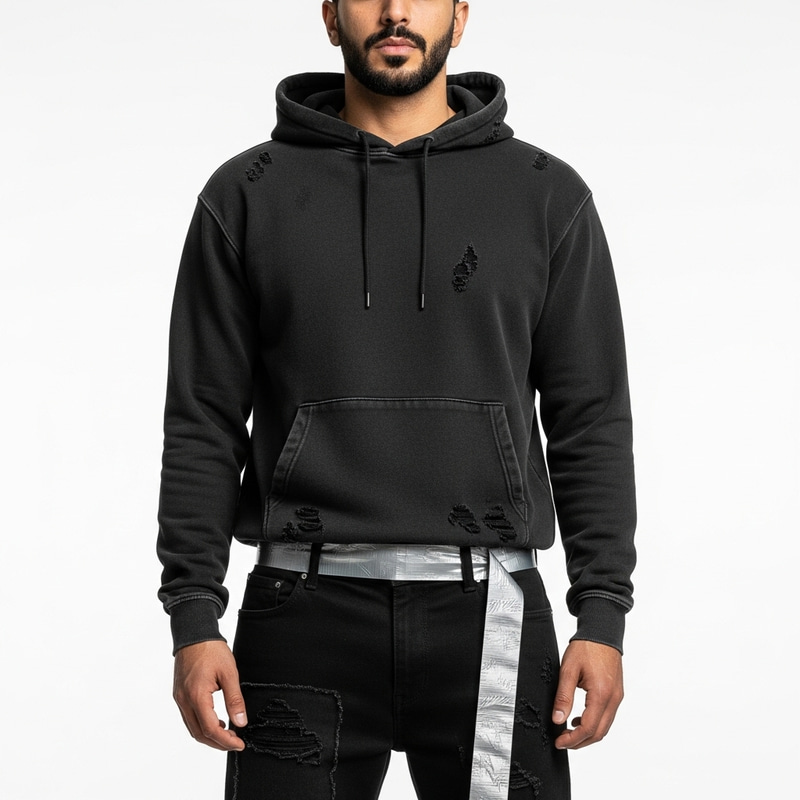 Rugged Style: Black Hoodie & Duct Tape Belt Outfit