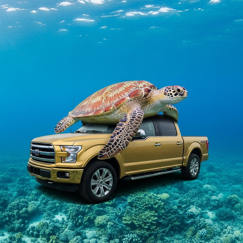 Majestic Sea Turtle Driving a Gold F150