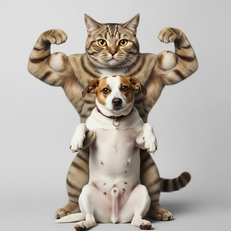 Muscular Fitness Cat Carrying Dog in Playful Upside-Down Scene Muscular Fitness Cat Carrying Dog in Playful Upside-Down Scene