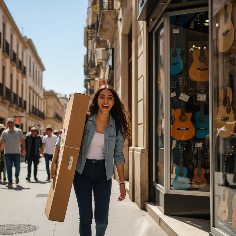 Ecstatic Teenage Girl Leaves Guitar Store with Large Box Ecstatic Teenage Girl Leaves Guitar Store with Large Box