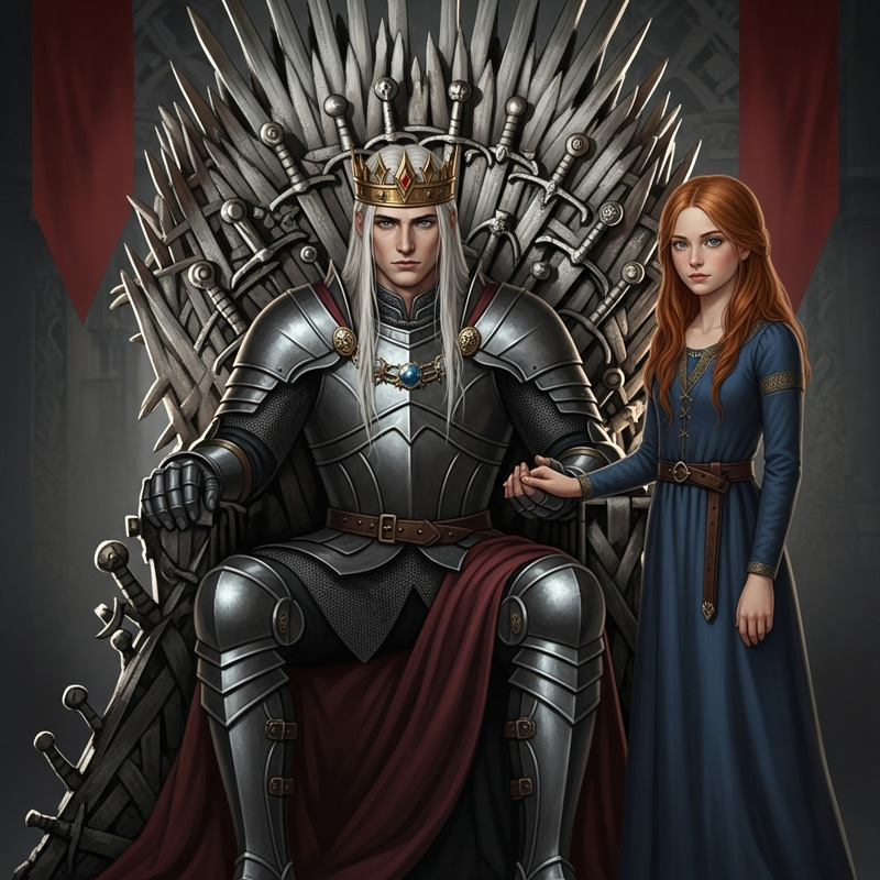 Realistic Game of Thrones Inspired Art with Regal Duo on Iron Throne Realistic Game of Thrones Inspired Art with Regal Duo on Iron Throne