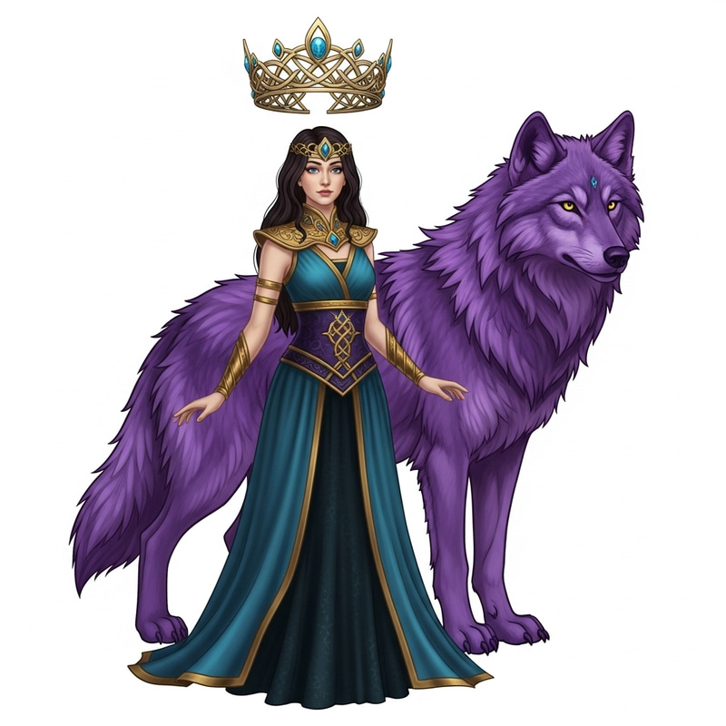 Graceful Majesty: Woman with Crown and Violet Wolf