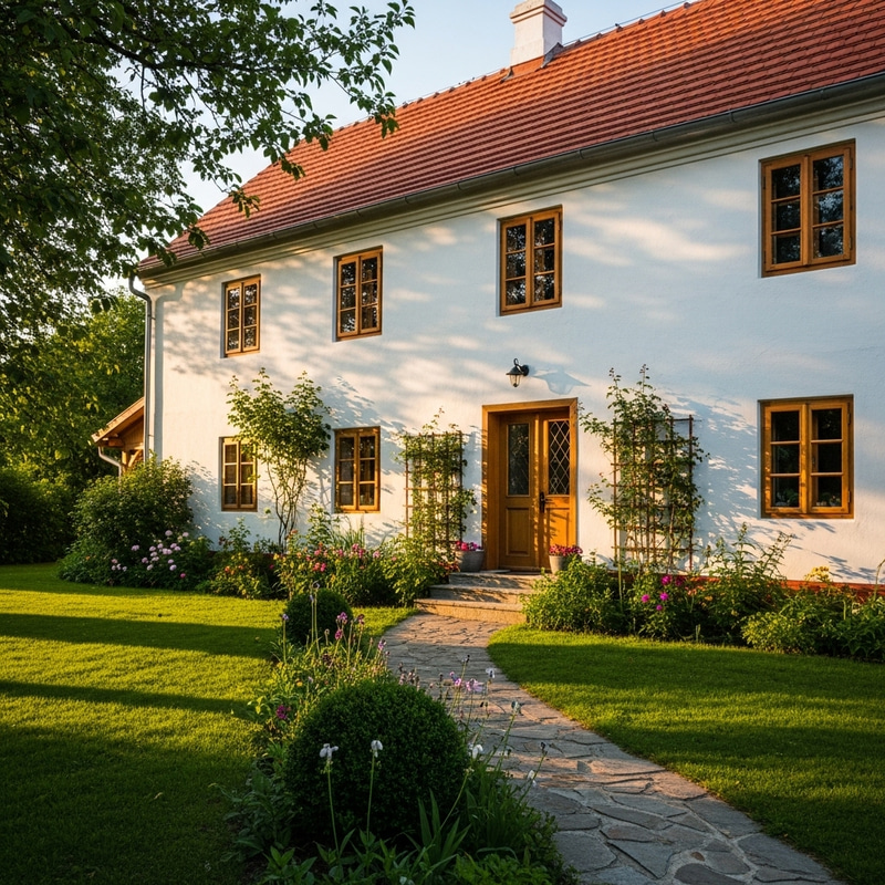 Traditional Countryside House with Red-Tiled Roof Traditional Countryside House with Red-Tiled Roof