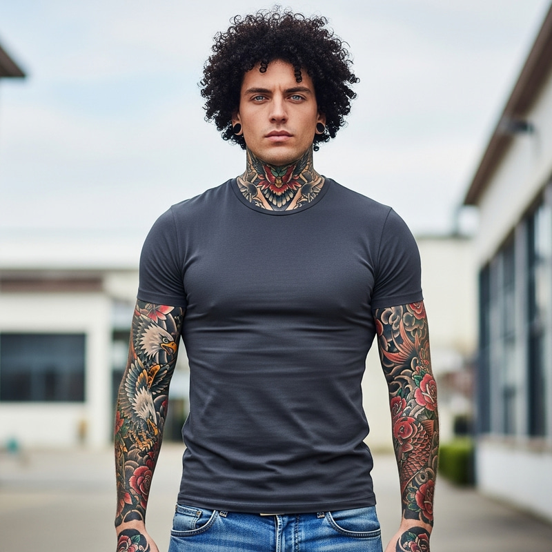 Tall Caucasian Man with Blue Eyes and Curly Black Hair and Tattoos Tall Caucasian Man with Blue Eyes and Curly Black Hair and Tattoos