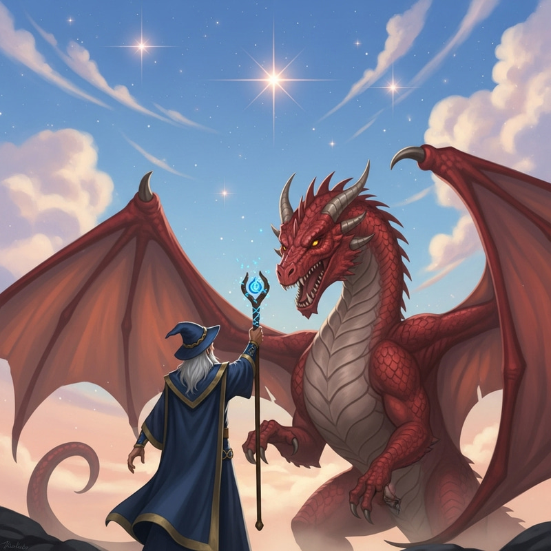 Powerful Wizard Confronts Red Dragon with Divine Skies Powerful Wizard Confronts Red Dragon with Divine Skies