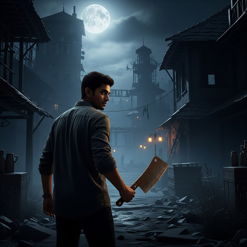 Horror Gameplay: Chilling Night Scene with South Asian Gamer and Cleaver Horror Gameplay: Chilling Night Scene with South Asian Gamer and Cleaver