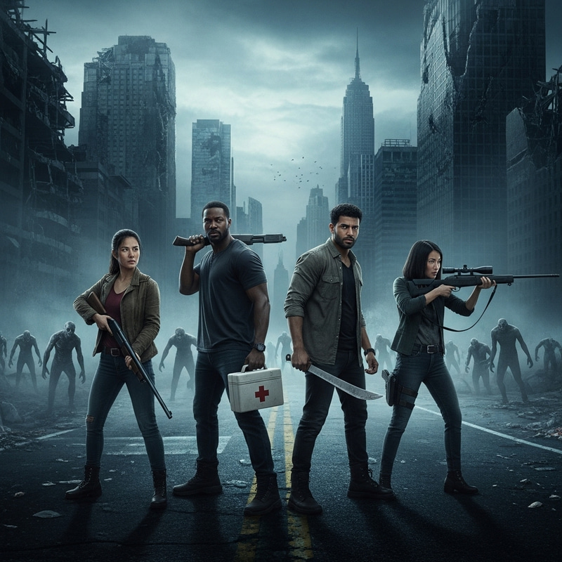 Dystopian Cityscape Survival: Diverse Team vs. Grotesque Horde