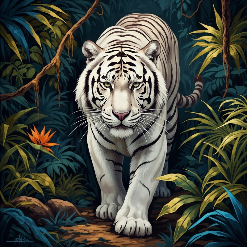 Majestic White Tiger in Vibrant Jungle Artwork Majestic White Tiger in Vibrant Jungle Artwork