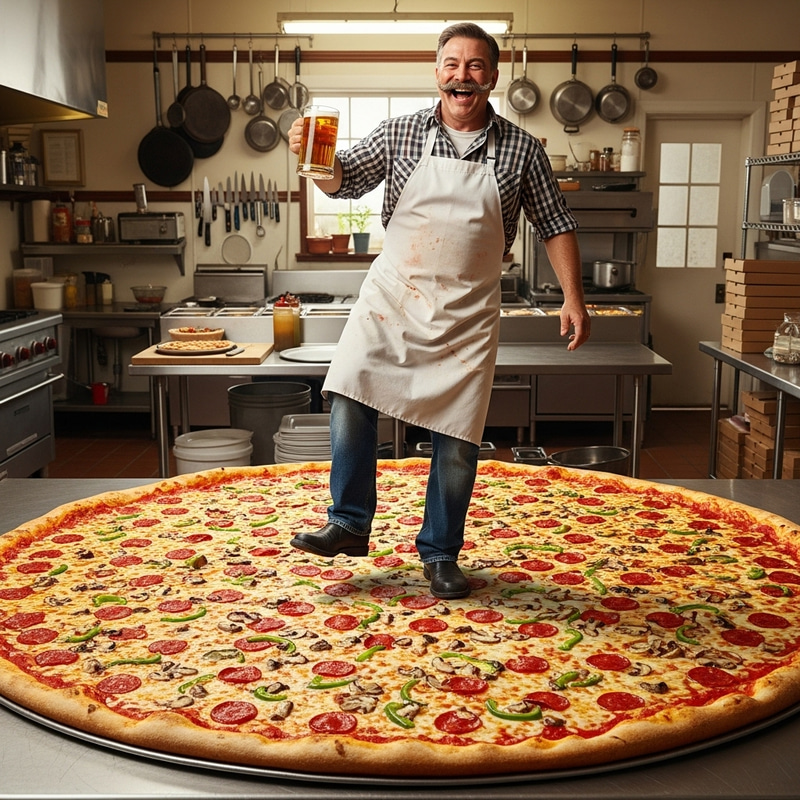 Bearded Man Spinning on Pizza with Beer - Cheerful Moment