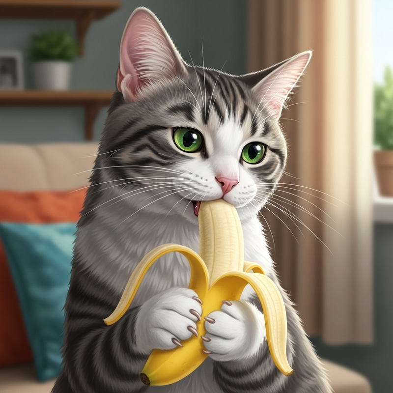 Curious Cat Eating Banana - Indoor Scene