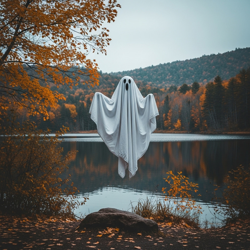 Innocently Playful Simple Ghost Floating Above Tranquil Lake Innocently Playful Simple Ghost Floating Above Tranquil Lake