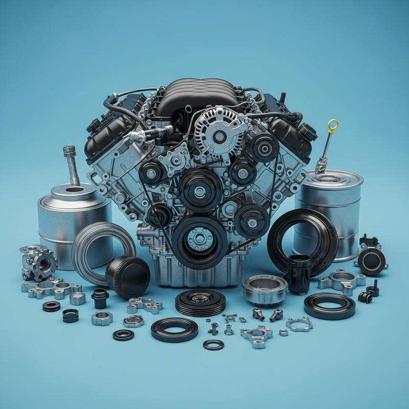 Sleek V8 Engine and Auto Parts on Blue Background Sleek V8 Engine and Auto Parts on Blue Background