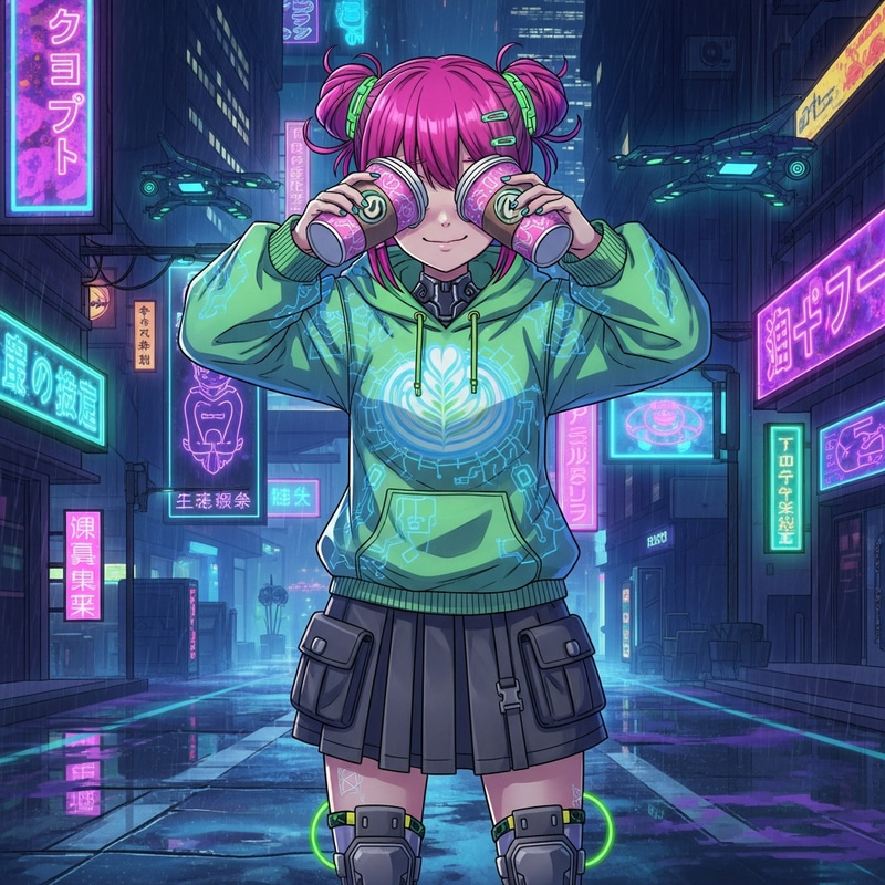 Playful Cyberpunk Anime Girl with Coffee Cups Playful Cyberpunk Anime Girl with Coffee Cups
