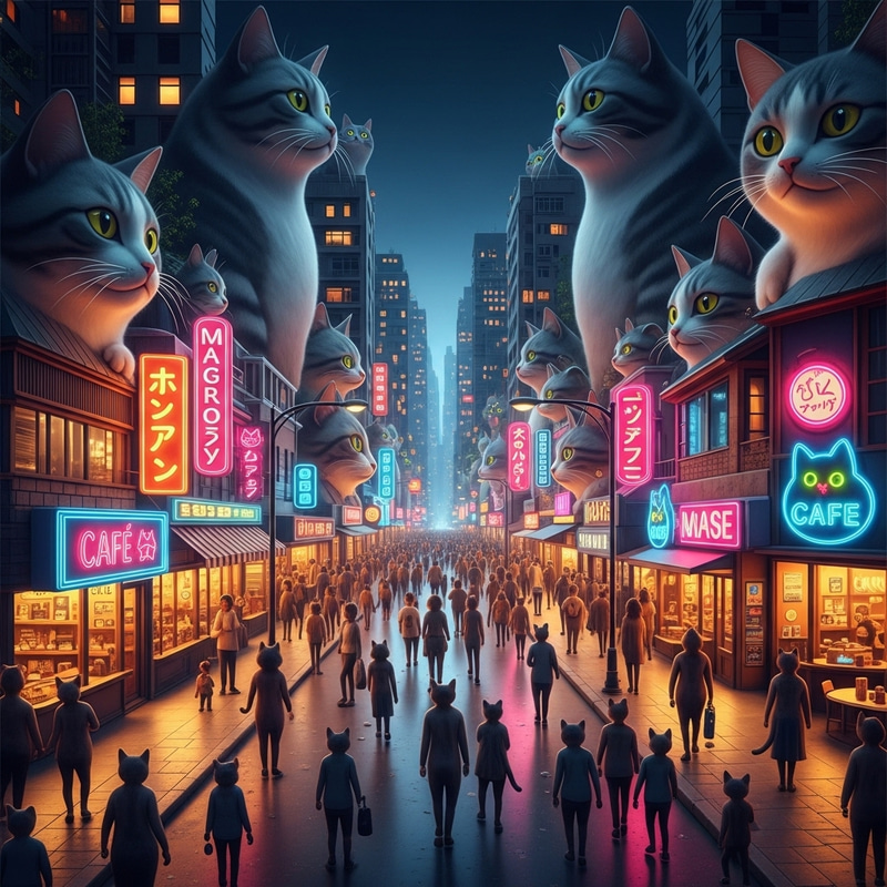 Enchanting Cat City: Neon Nightscape with Feline Architecture Enchanting Cat City: Neon Nightscape with Feline Architecture