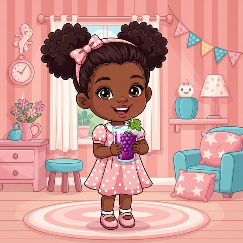 Charming Cartoon Girl Enjoying Grape Juice