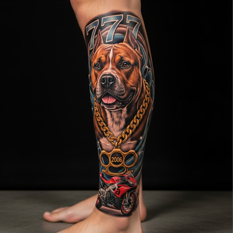 Intricate Leg Tattoo Design: Amstaff Dog, Brass Knuckle, 2006, $777, Aprilia RSV4