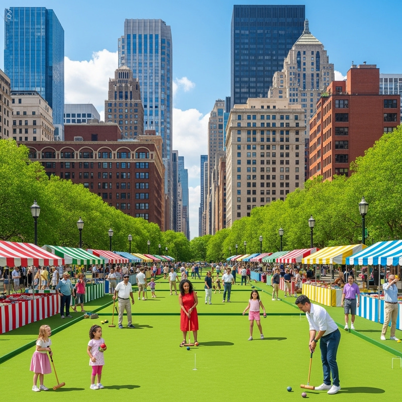 Vibrant Croquet City Scene - Diverse Players & Lush Parks Vibrant Croquet City Scene - Diverse Players & Lush Parks