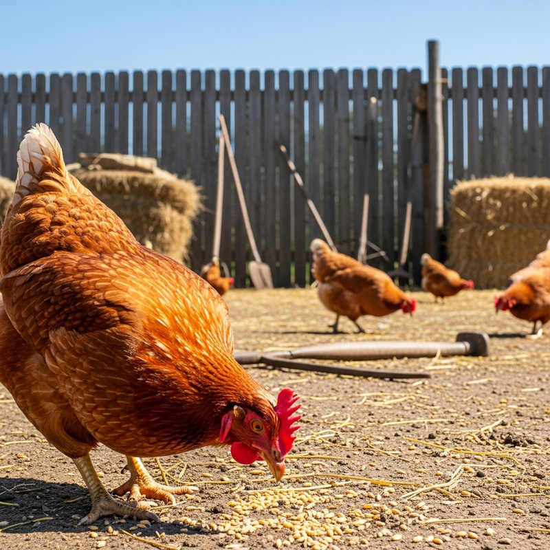 Rustic Hen Pecking Grains in Farmyard Scene Rustic Hen Pecking Grains in Farmyard Scene