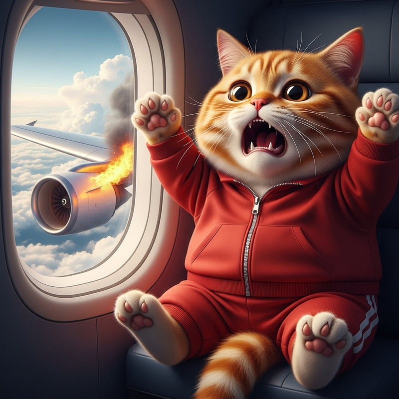 Realistic British Cat in Red Athleisure Sits by Airplane Window