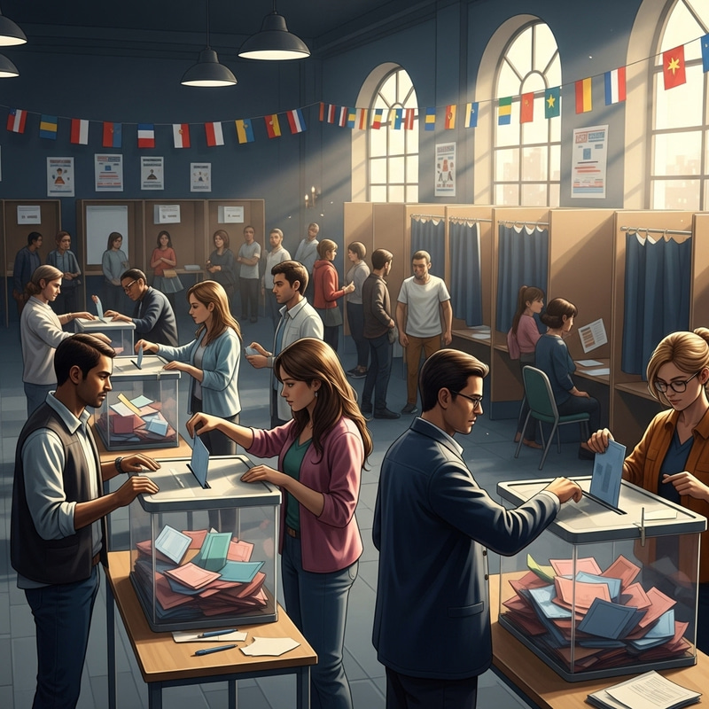 Political Scene with Voters, Ballot Boxes, and Voting Public