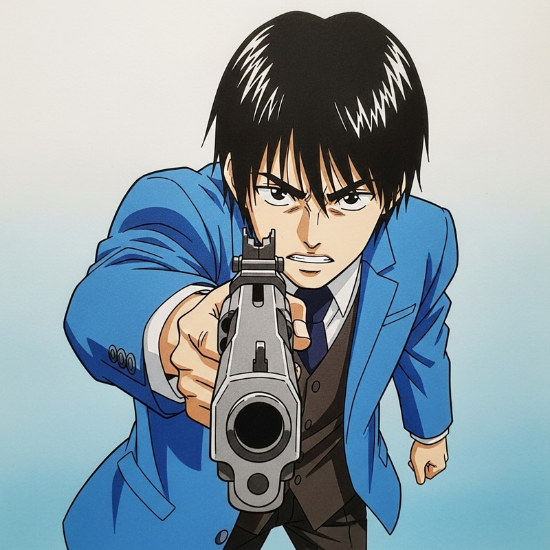High Perspective Manga Drawing of a Man Holding Gun, Featured on Pixiv