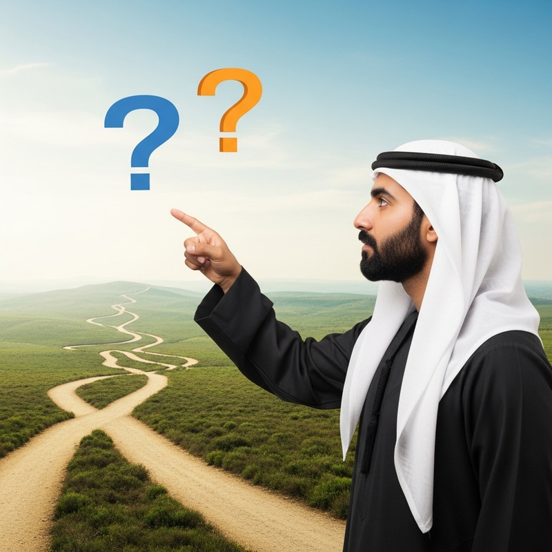 Middle-Eastern man contemplating multiple paths to reach the horizon