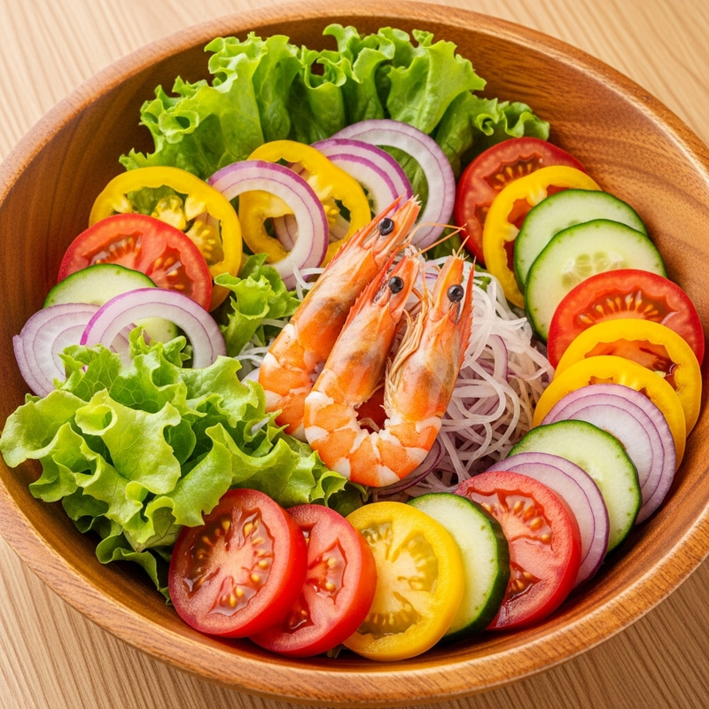 Colorful Vegetable Salad in Wooden Bowl: Fresh & Symmetrical