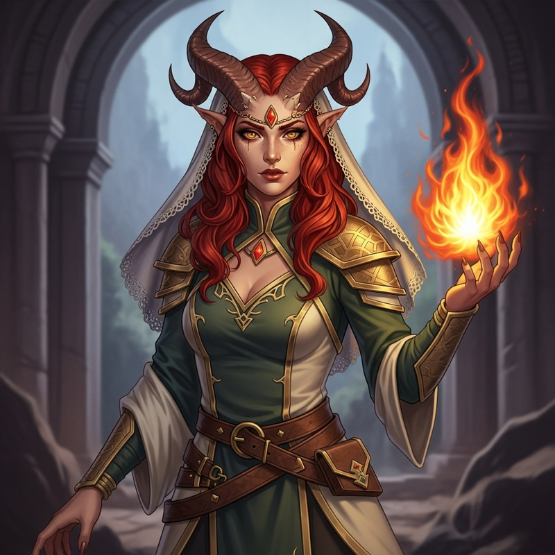Captivating Tiefling Woman: Fiery Red Hair & Cleric Outfit Captivating Tiefling Woman: Fiery Red Hair & Cleric Outfit