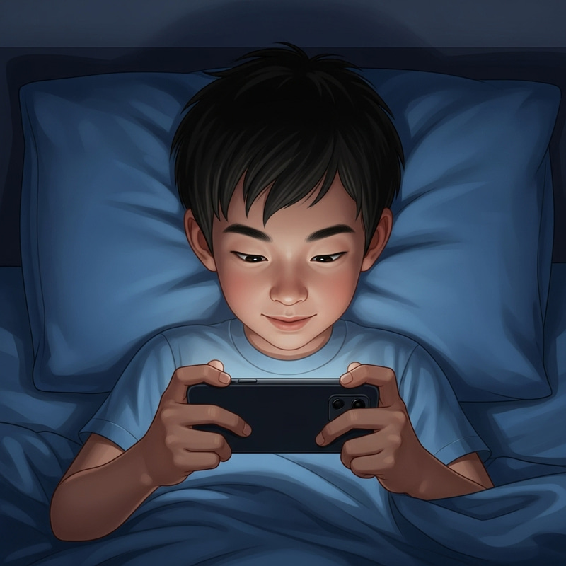 Boy Playing Phone Game in Bed