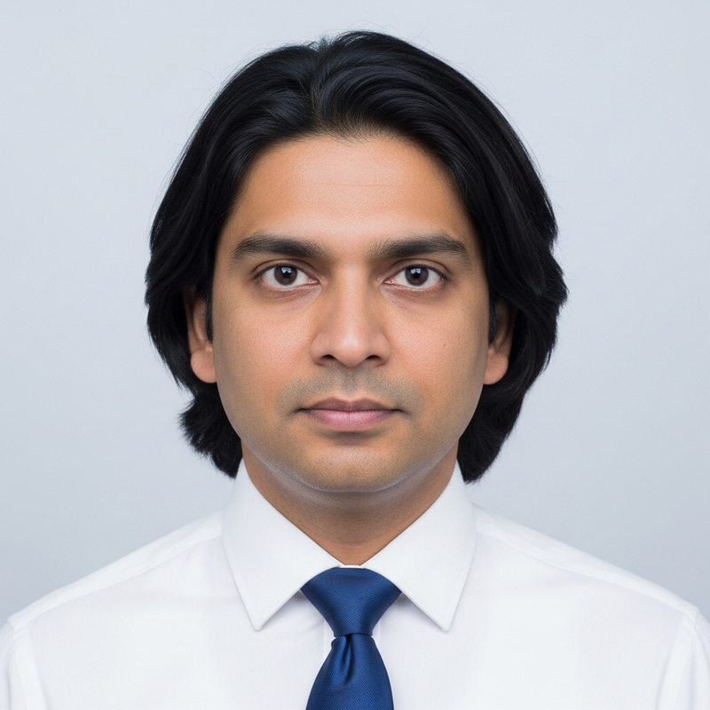 South Asian Man Mid-30s Passport-Style Photo South Asian Man Mid-30s Passport-Style Photo