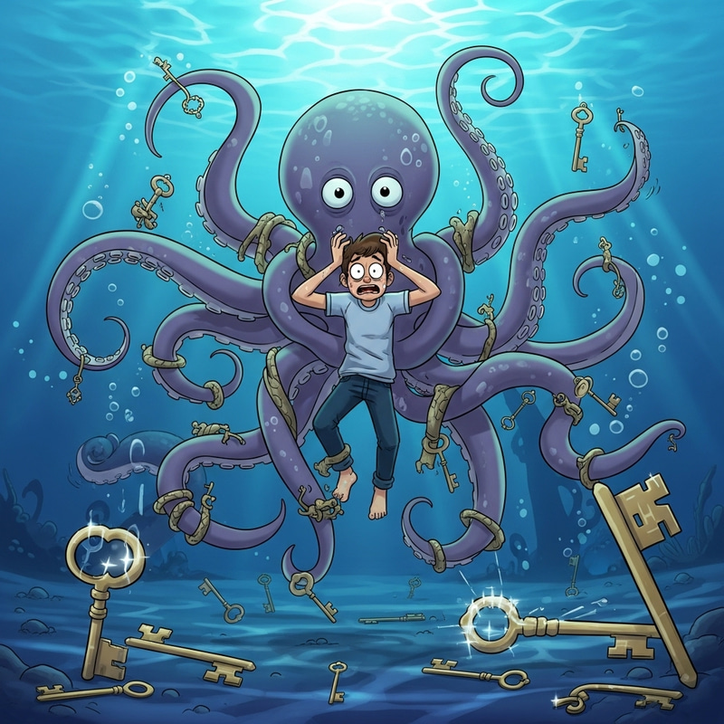 Colorful Ocean Scene: Person Caught in Octopus Tails with Keys