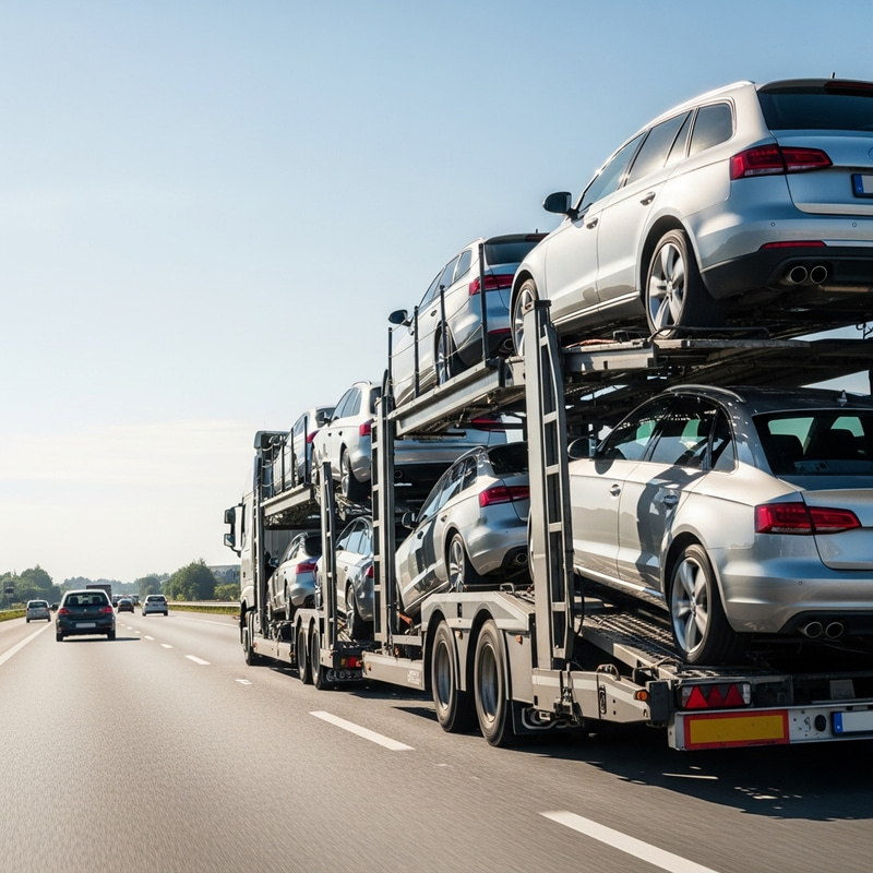 Trailer Transporting Cars on the Highway Trailer Transporting Cars on the Highway