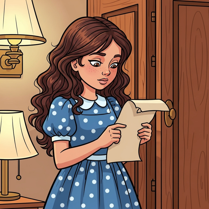 Cartoon Style Girl by Wooden Closet | Cute Curly-Haired Caucasian Girl Reading Note Cartoon Style Girl by Wooden Closet | Cute Curly-Haired Caucasian Girl Reading Note
