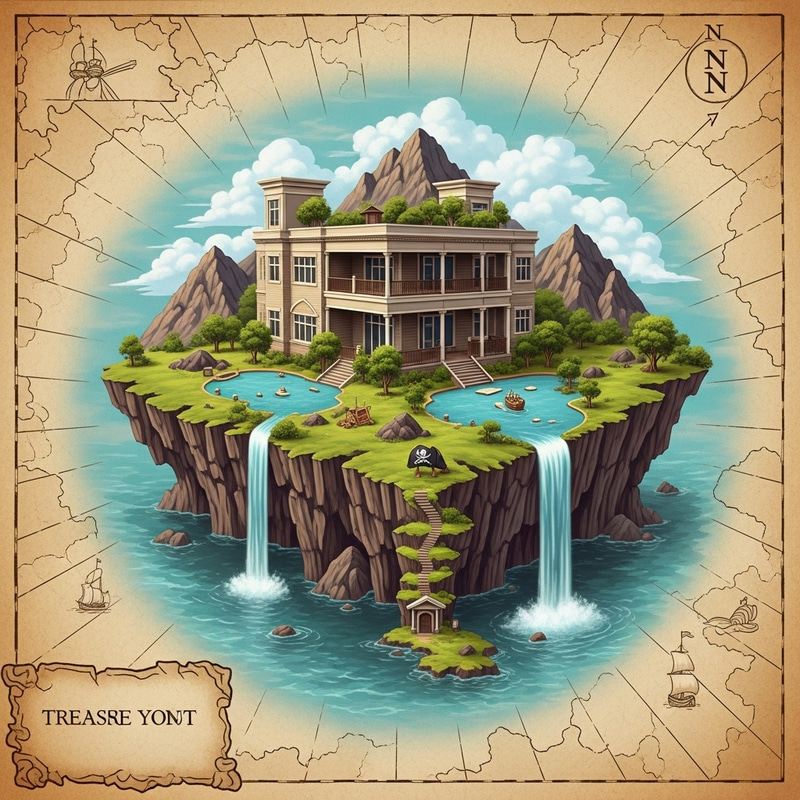 Corporate Party Venue: Pirate Island Treasure Map with Waterfall & Bays Corporate Party Venue: Pirate Island Treasure Map with Waterfall & Bays