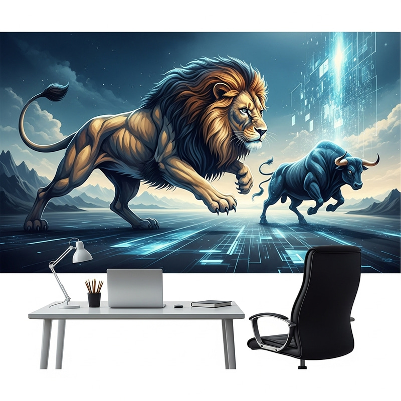 Powerful Lion and Bull Painting | Navigate Virtual Realms