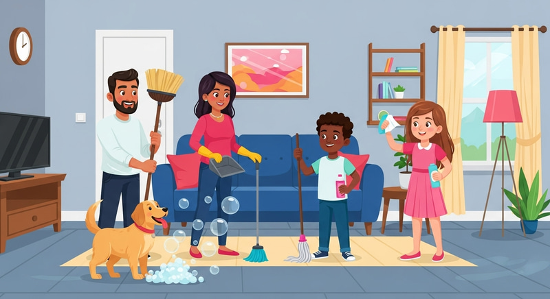 Cheerful Family Cleaning Together | Cartoon Home Cleanup