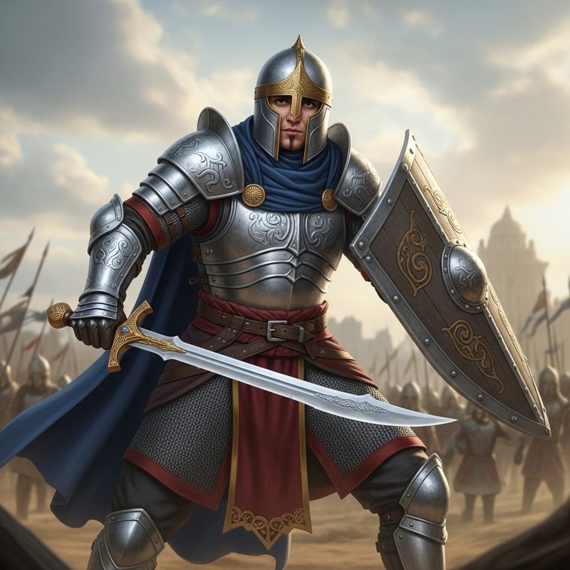 Middle-Eastern Paladin in Battle Stance with Sword and Shield | Stunning Armor Middle-Eastern Paladin in Battle Stance with Sword and Shield | Stunning Armor