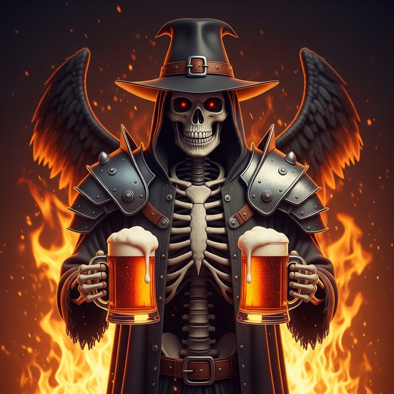 Spooky 3D Skeleton with Beer, Flames, Transparent Background Spooky 3D Skeleton with Beer, Flames, Transparent Background