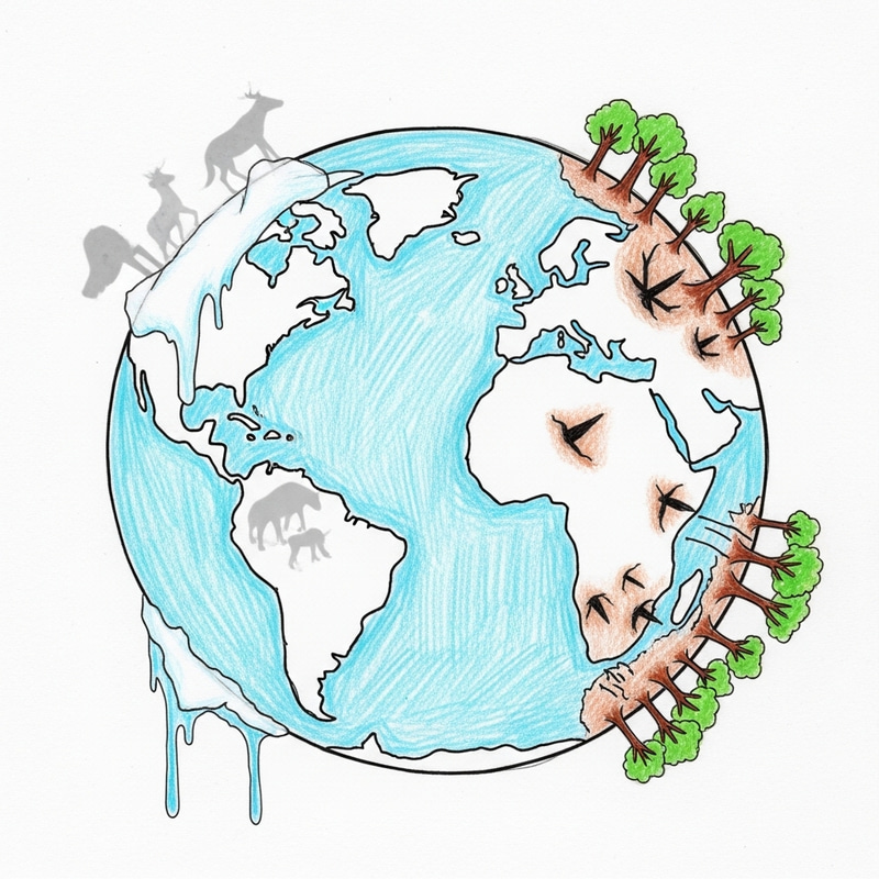 Illustration: Earth, Endangered Wildlife, Melting Ice Caps - Climate Crisis Illustration: Earth, Endangered Wildlife, Melting Ice Caps - Climate Crisis