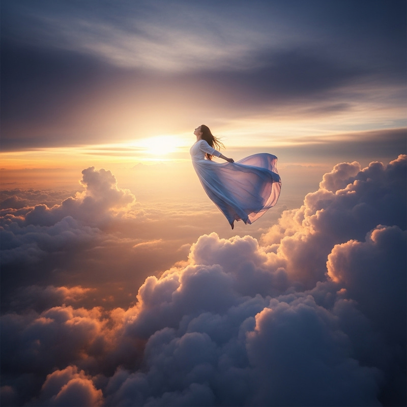 Woman Flying Over Clouds - Sky Adventure Woman Flying Over Clouds - Sky Adventure