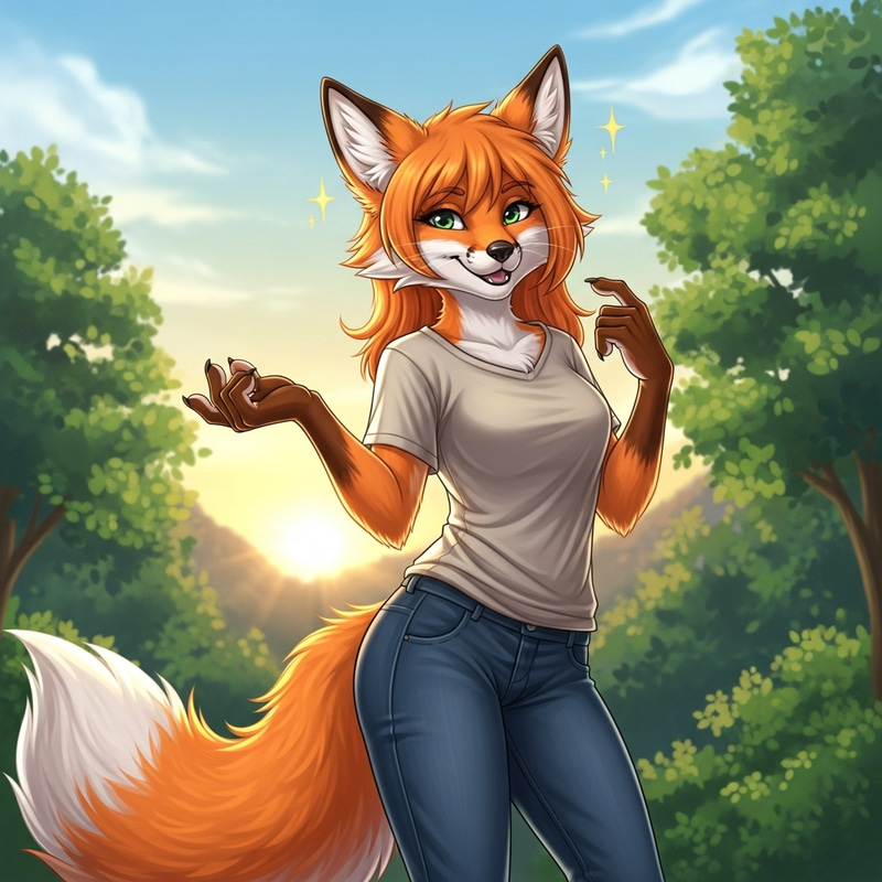 14-Year-Old Fox Girl Illustration | Playful Pose in Summery Setting 14-Year-Old Fox Girl Illustration | Playful Pose in Summery Setting