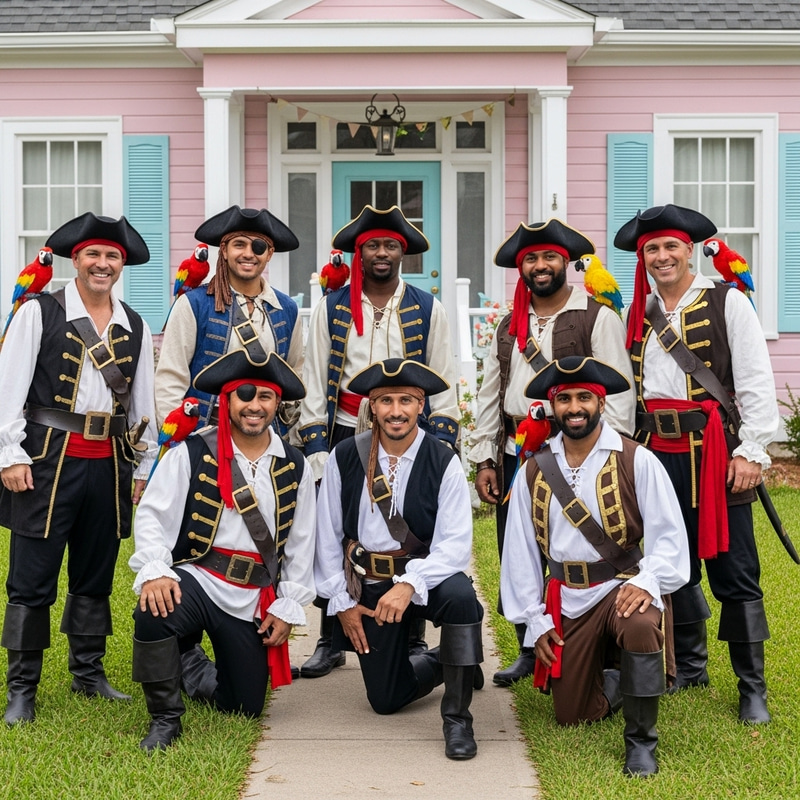 Diverse Adult Men in Pirate Costumes at Charming Pink House Diverse Adult Men in Pirate Costumes at Charming Pink House