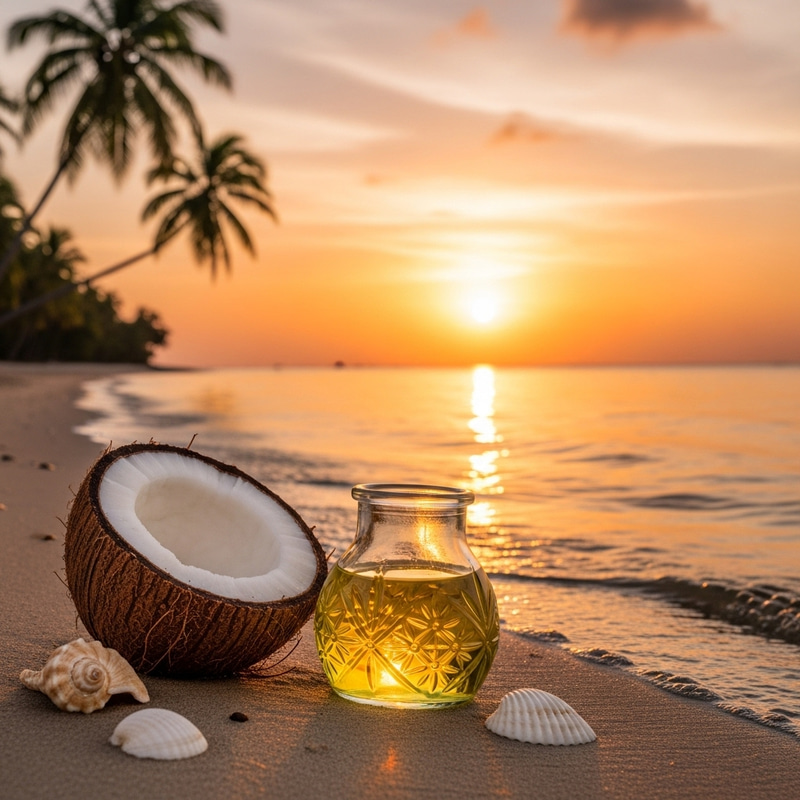 Charming Sunset Beach Scene with Shimmering Coconut Oil