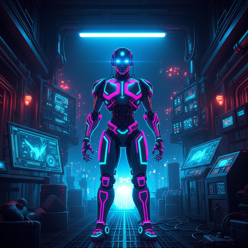 Futuristic Robot with Vibrant Neon Colors and Blue Glowing Eyes in Cyberpunk Digital Art Futuristic Robot with Vibrant Neon Colors and Blue Glowing Eyes in Cyberpunk Digital Art
