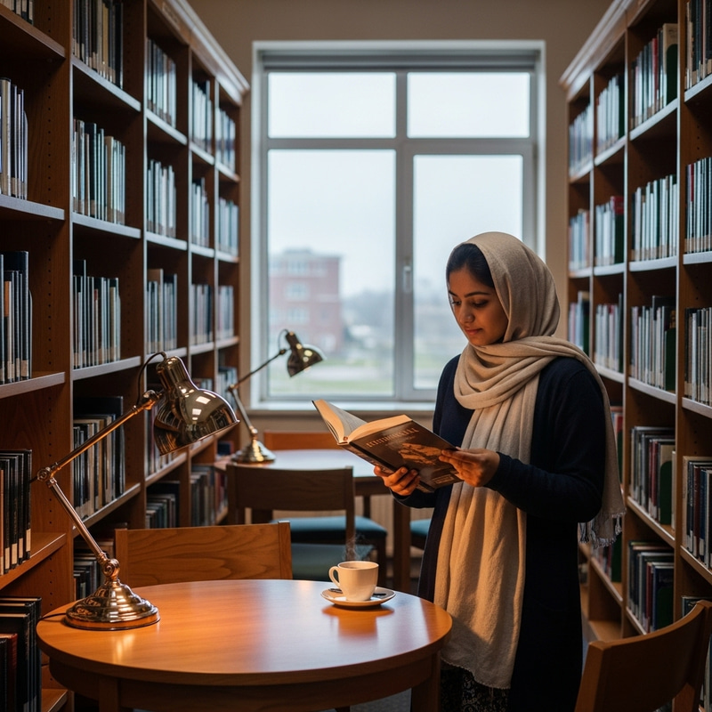 Hijab-Wearing Student in Library | Academic Oasis Experience