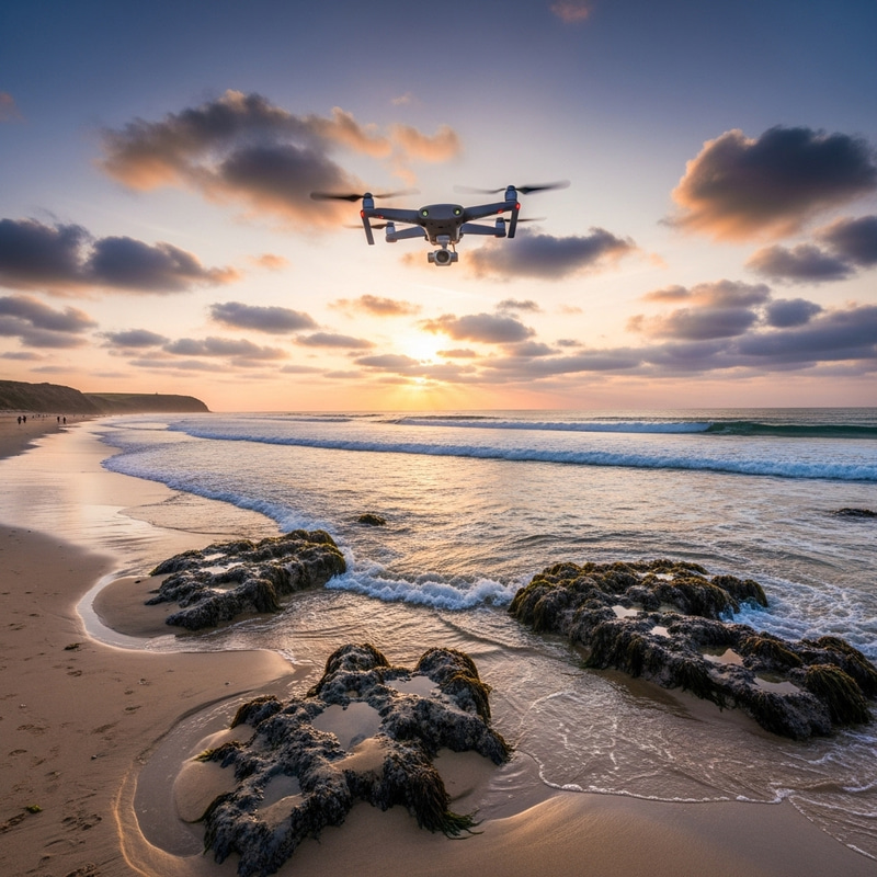 Drone Soaring Over Serene UK Beach Drone Soaring Over Serene UK Beach