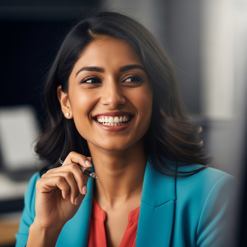 Vibrant Asian Marketing Manager Radiating Confidence in Office Setting Vibrant Asian Marketing Manager Radiating Confidence in Office Setting