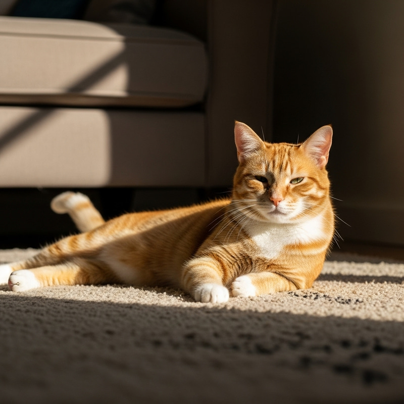Beautiful Orange Cat Enjoying Sunlight in Cozy Living Room Beautiful Orange Cat Enjoying Sunlight in Cozy Living Room
